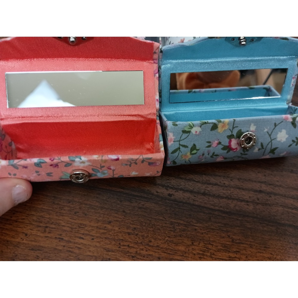 Blue pink floral snap chapstick lipstick cosmetic case with mirror